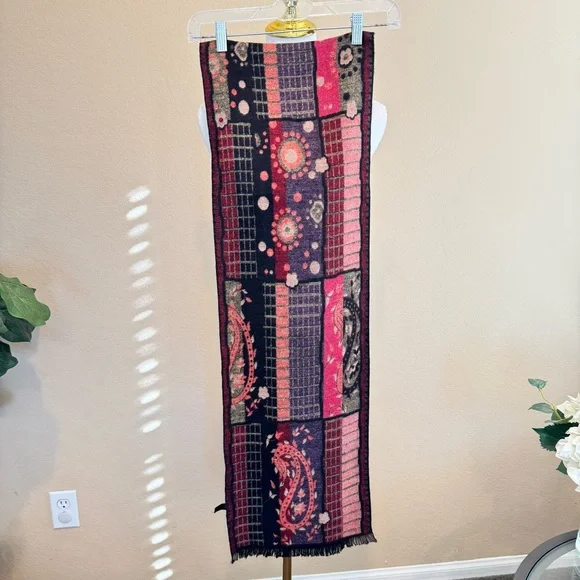 100% Cashmere Scarf Vibrant Tapestry Patchwork Artsy – Rectangular 78” x 12” - Picture 8 of 16